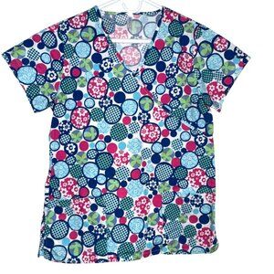 321 Womens Cotton Scrub Top M Multicolor Floral & Polka Dot Print Short Sleeve